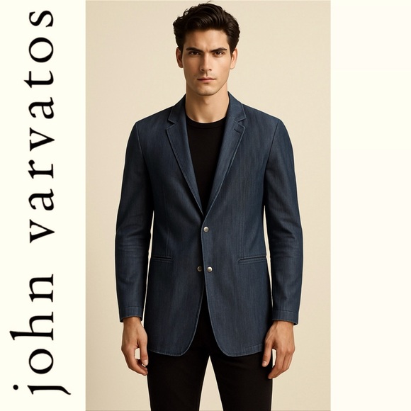 John Varvatos Blue Denim Chambray Blazer Jacket Sport Coat Made in Italy Size 50 - Picture 1 of 16